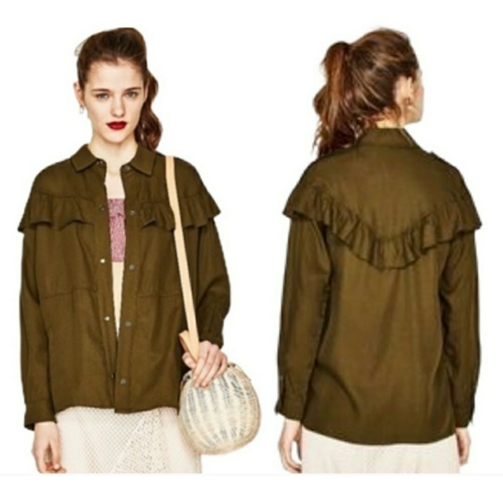 ZARA TRF OUTERWEAR Shacket Shirt Jacket Ruffle Olive Green Sz M